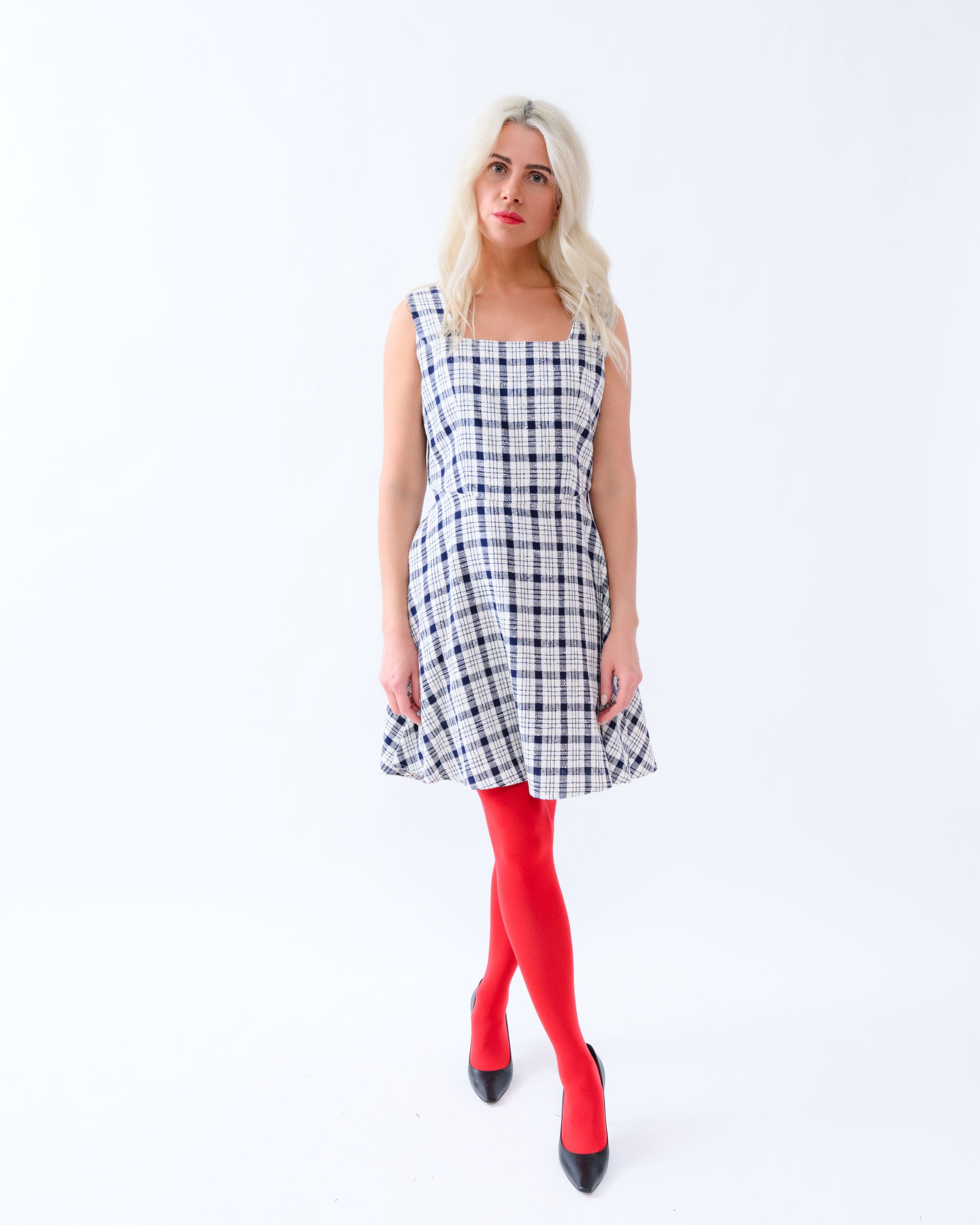 Parisian Chic – Elegant Tweed Dress with Wide Blue Straps