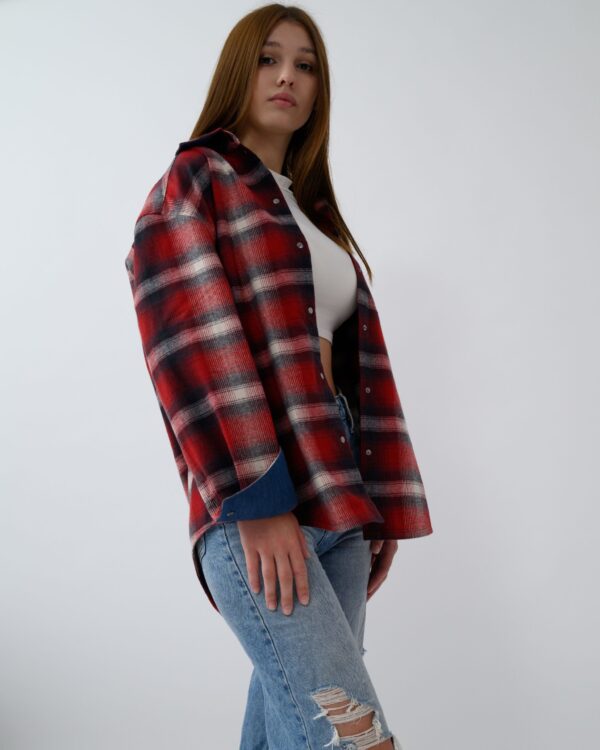 Camicia Vino Rosso flannel shirt with denim inserts and embroidery, oversized size, snap buttons.