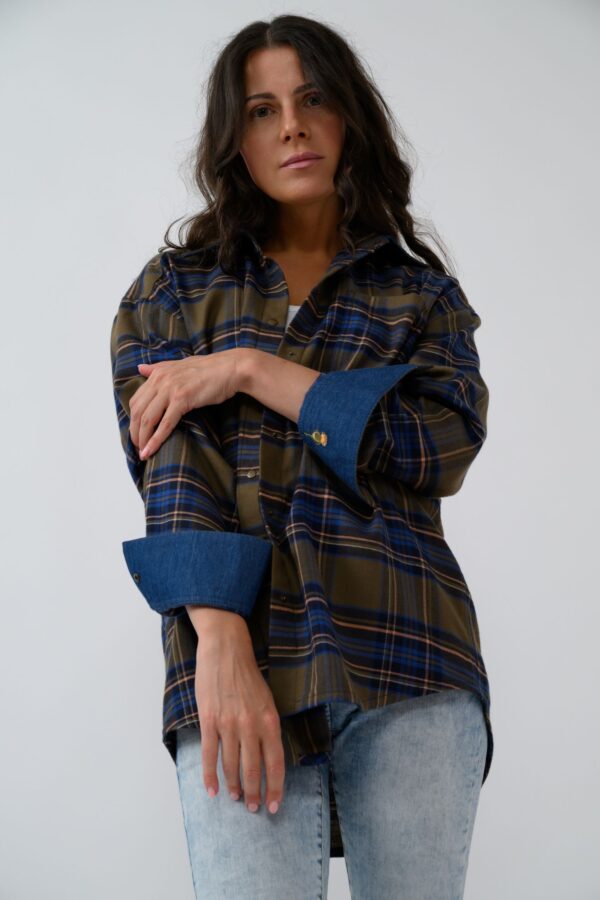 Camicia Calda flannel shirt with denim inserts and embroidery, oversized size, snap buttons. - Image 2
