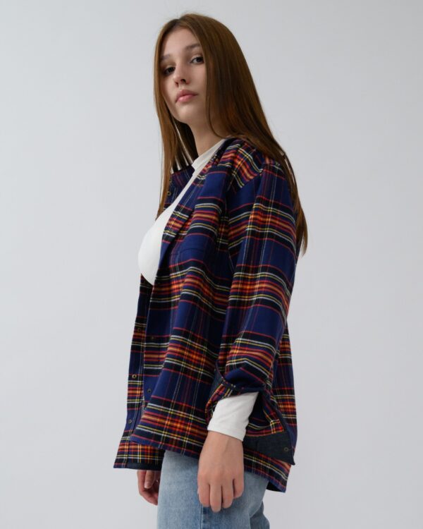Lilasee flannel shirt with denim inserts and embroidery, oversized size, snap buttons. - Image 2