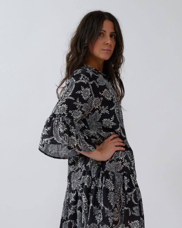 Milla Black Faux Silk Midi Dress with Flared Sleeves – Bold Floral Print
