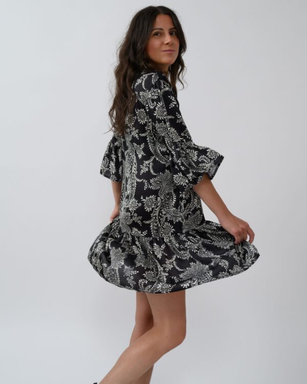 Milla Black Faux Silk Midi Dress with Flared Sleeves – Bold Floral Print - Image 4