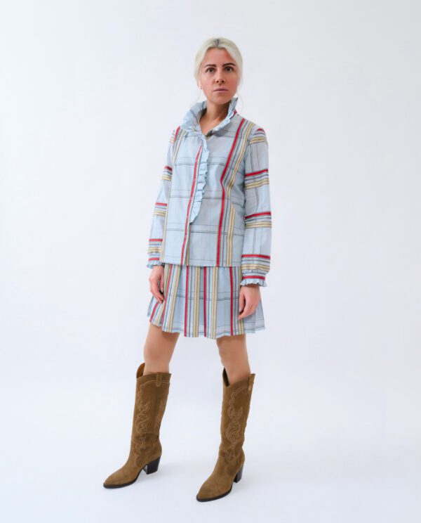 Golden Stripes Cotton Set — Shirt with Ruffles and Pleated Skirt - Image 9