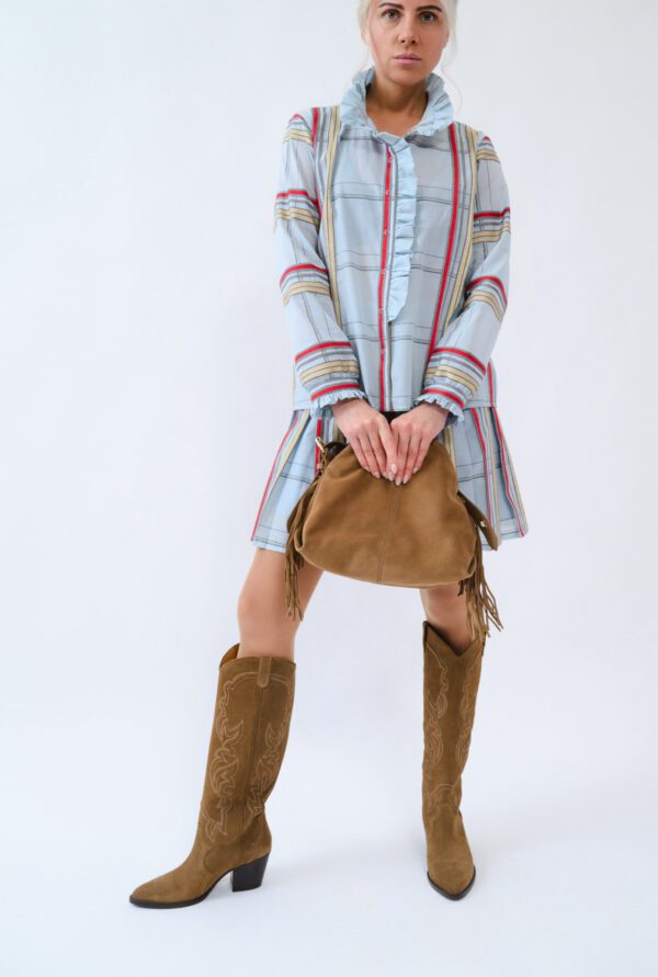 Golden Stripes Cotton Set — Shirt with Ruffles and Pleated Skirt - Image 8
