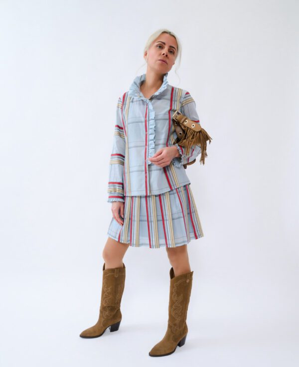 Golden Stripes Cotton Set — Shirt with Ruffles and Pleated Skirt - Image 6