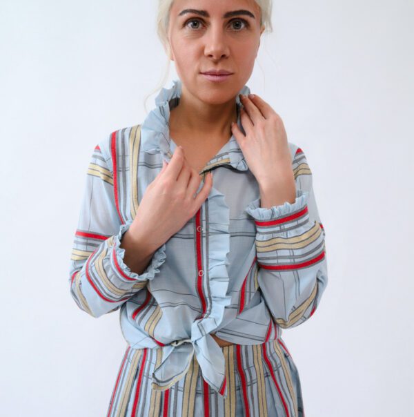 Golden Stripes Cotton Set — Shirt with Ruffles and Pleated Skirt - Image 4